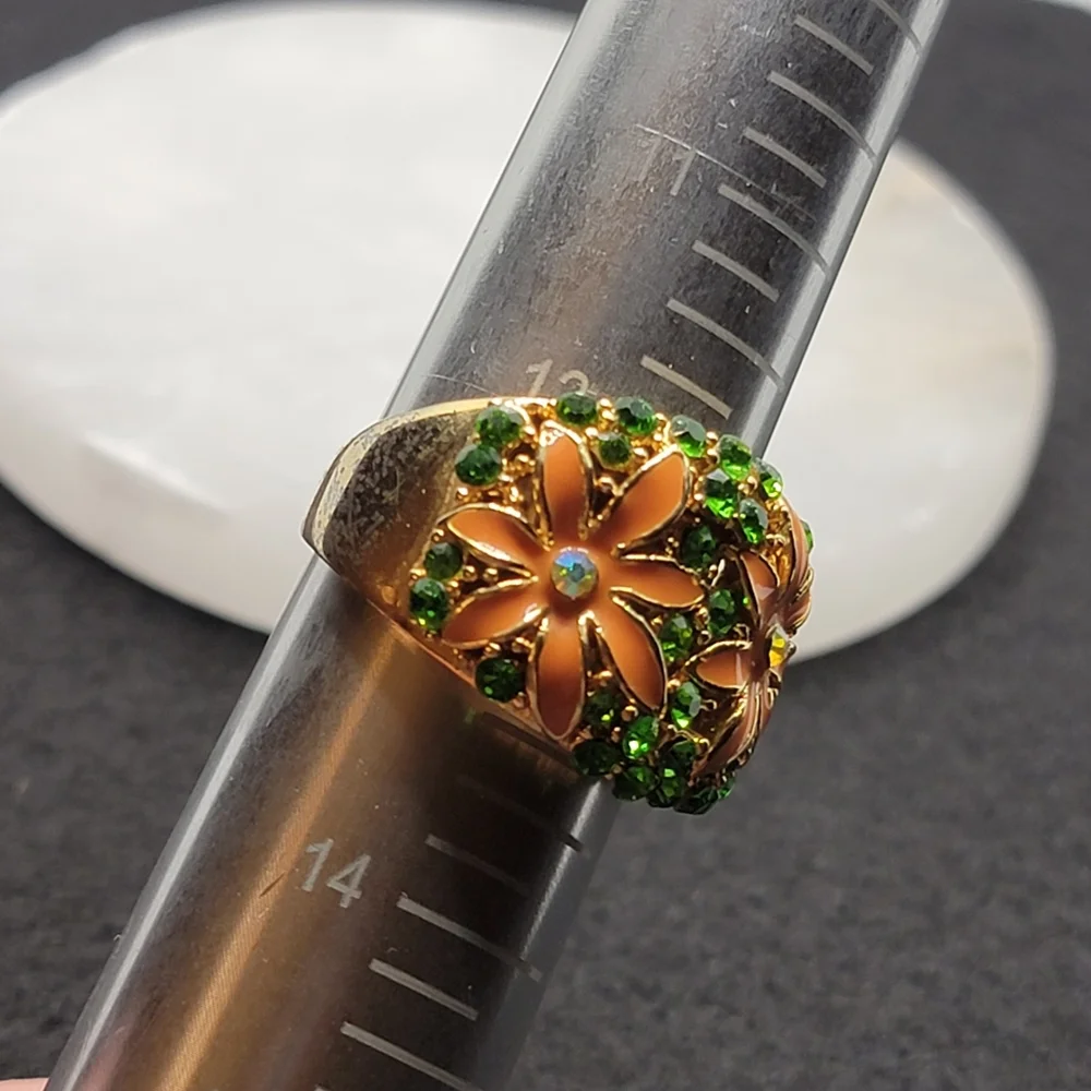 Vintage Wide Band Floral Rhinestone Ring Size 12 ½